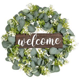 Welcome Sign Wreath 16'' Rustic Round Hanging Door Decor Outdoor Indoor